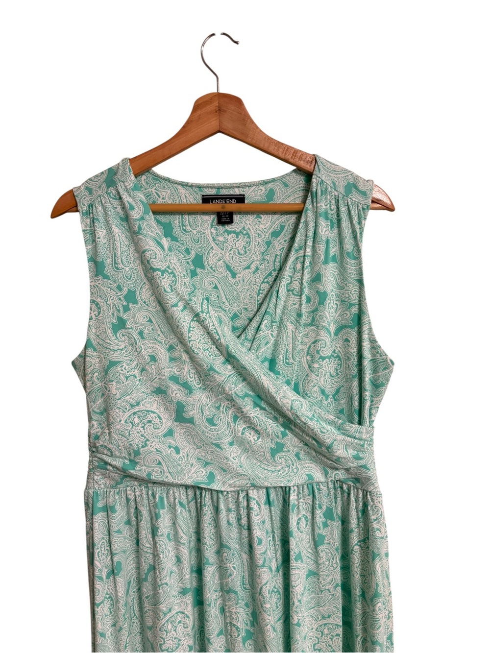Lands’End aqua teal white paisley print crossover wrap sleeveless maxi dress MP - Picture 5 of 11